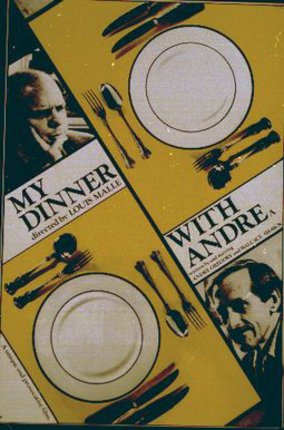 a yellow poster with a picture of a man and a plate