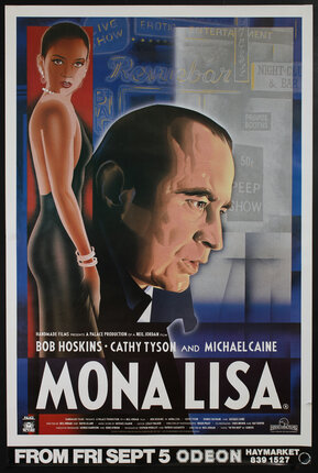 a movie poster with stylized illustrations of cast members Bob Hoskins in profile, and Cathy Tyson standing in an evening gown.