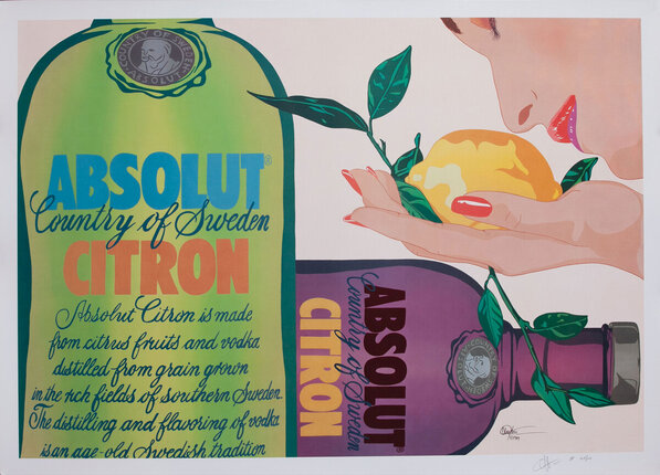 a poster of a woman holding a lemon and a bottle of absolut