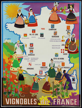 a poster with a map of france and women in dresses