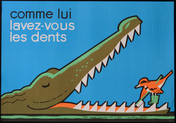 a poster with a bird riding a crocodile