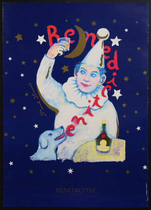a poster of a clown holding a glass of wine