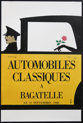 a yellow and black poster with a man holding a flower