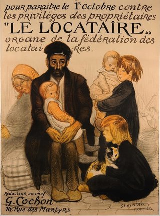 a poster of a man holding a baby and a woman holding a cat