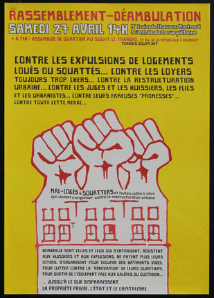 a yellow poster with black text and red hands