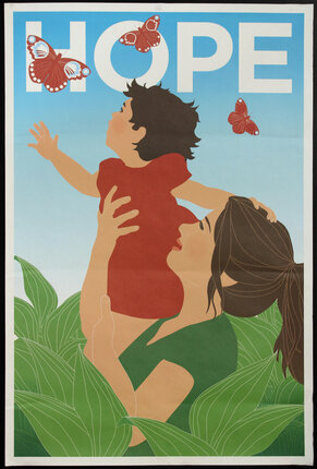 a poster of a woman holding a child