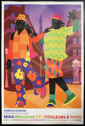 a poster of two people walking on a street