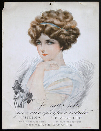 a woman with curly hair and a blue ribbon on her head