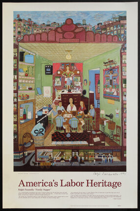 folk art painting of a family at dinner poster