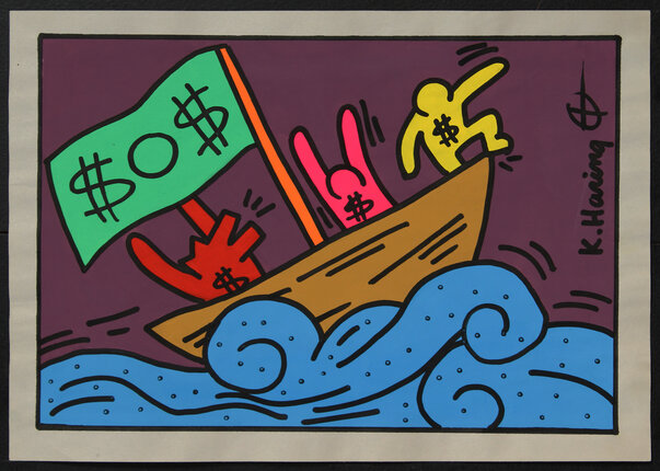 a drawing of a boat with a flag and people on it
