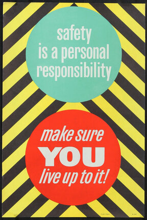 a yellow and black striped poster with white text