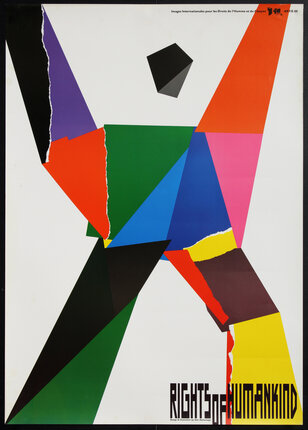 a poster of a man with colorful pieces of paper