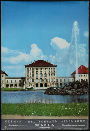 a large building with a fountain in the background with Nymphenburg Palace in the background