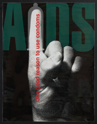 a poster with a hand pointing to the side