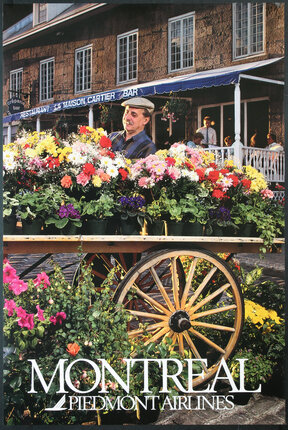 a man standing in front of a cart full of flowers