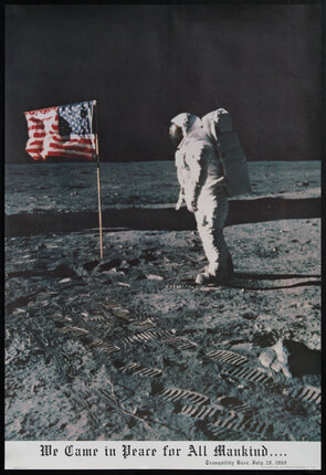 a man in a space suit standing on the moon with a flag