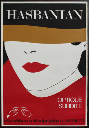 a poster of a woman with red lips and a gold hat