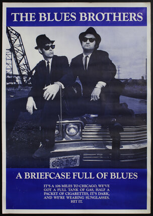 a poster of two men sitting on a car