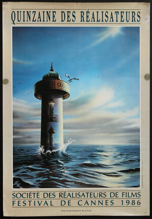 a poster of a lighthouse in the ocean