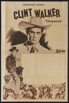 illustrated movie poster with cowboys and a blank rectangle bordered by rope