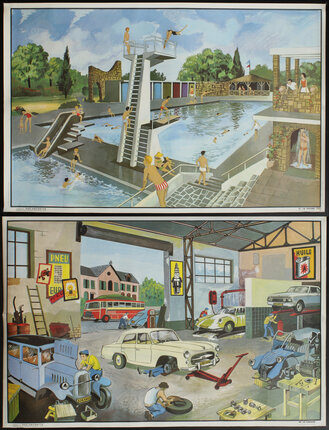 a collage of images of a pool and a car