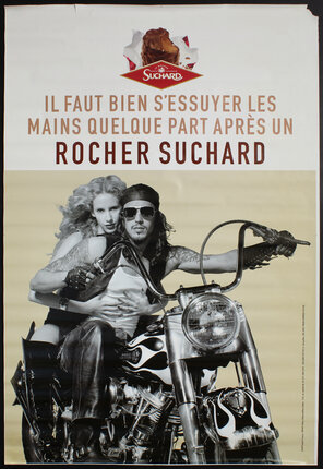 a poster of a man and woman on a motorcycle