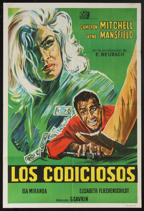 movie poster with an illustration of Jayne Mansfield and and a man reaching for a gun on the floor while with a foot on his hand stops him