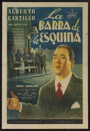 illustrated movie poster with a suit-wearing man in front of a cobblestone street with a hand raised