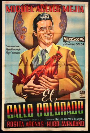a poster of a man holding a rooster