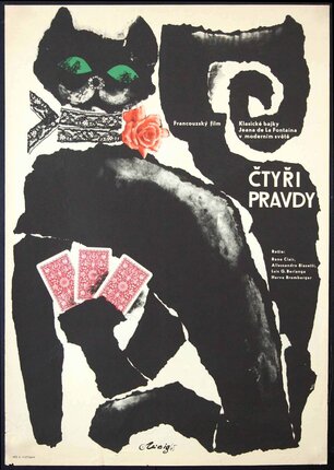 a poster of a black cat playing cards