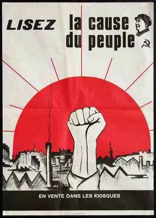 a poster with a fist and a city in the background