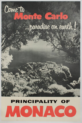 a poster of a town on a cliff