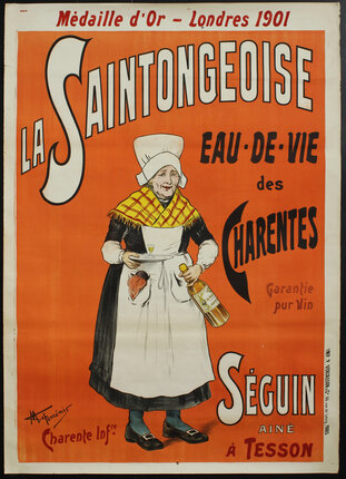 an orange and white poster with a woman holding a bottle