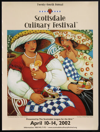 a poster of two women holding food