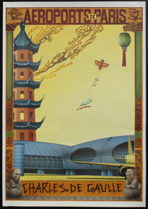 a poster of a building with a kite