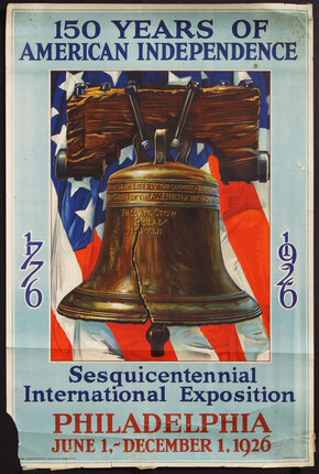 a poster with a bell and flag