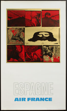 a poster with a face in red and gold squares