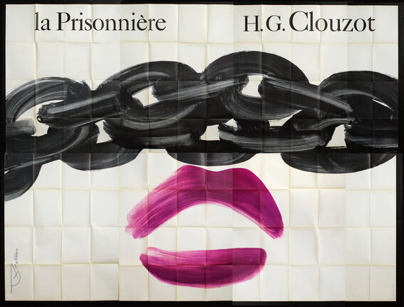 a poster with a chain and lips painted on it