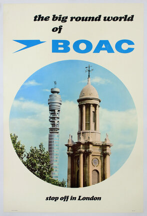 a poster with a tower and a blue circle