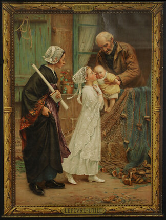 a painting of a man and a woman and a child