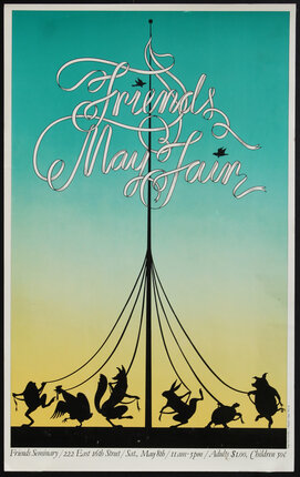 a poster with text and silhouettes of people on a pole