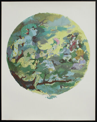 a painting of a person in a forest