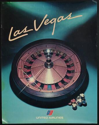 a casino poster with a roulette wheel and some chips