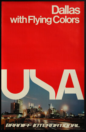 a red and white poster with a city in the background
