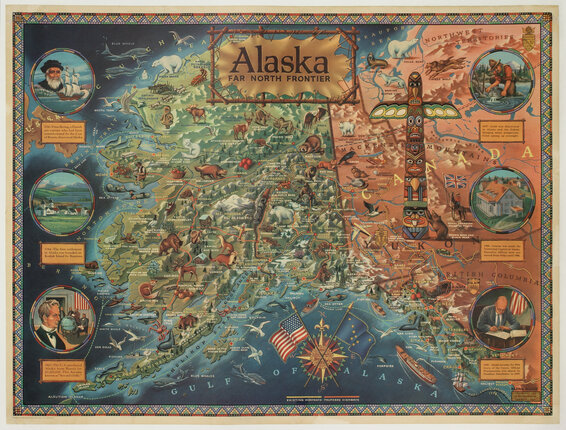a map of alaska with different animals and symbols