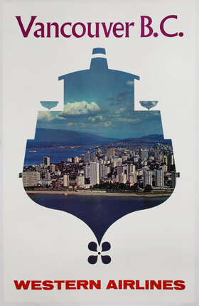 a poster with a city and water