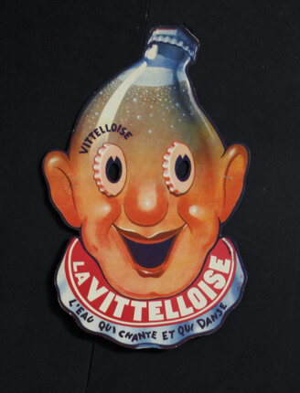 a cartoon face with a bottle and a red and white text