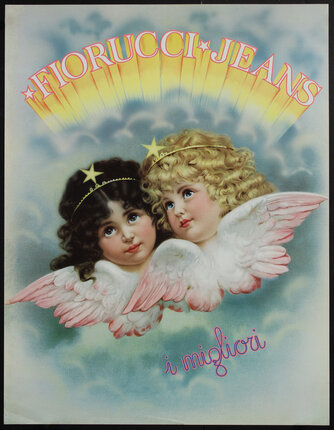Two female Cherubs surrounded by clouds with the words Fiorucci Jeans - I Migliori.