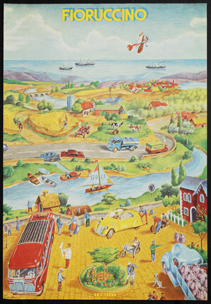 a poster with a city and a river