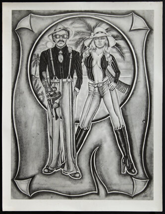 illustration of two standing figures: a man in suspenders holding a machine gun and a woman with her hand on his shoulder